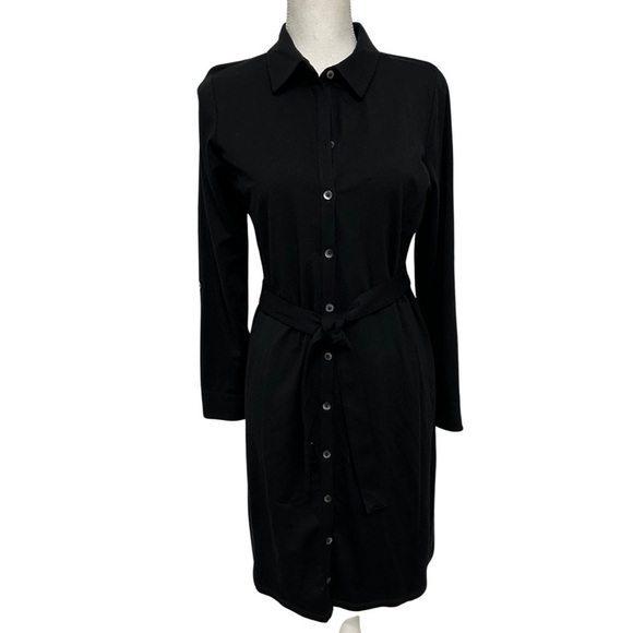 L.L.Bean Button Front Knit Belted Dress Black Size Medium Petite Career Wear NWT - Picture 1 of 9